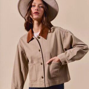 SO ME Cotton Twill Cropped Barn Jacket wtih Collar